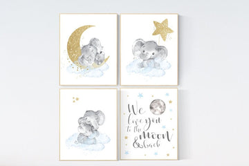 Nursery decor boy elephant, blue and gold nursery, we love you to the moon and back, blue nursery wall art, cloud and stars, boy nursery