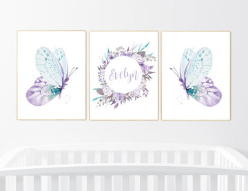 Nursery decor girl butterfly, purple turquoise, Nursery decor girl butterflies, purple mint, Butterfly Nursery Art, girl nursery name