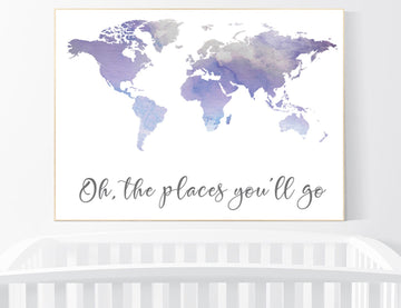Nursery decor Purple, World map watercolor, Oh the places you will go nursery, world map nursery print, nursery art print, lilac, lavender