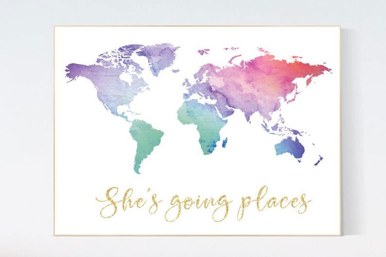 She's going places, World Map poster, world map wall art, nursery wall art, she's going places, pink purple, mint, gold, nursery decor girls