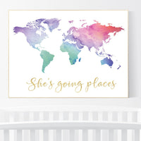 She's going places, World Map poster, world map wall art, nursery wall art, she's going places, pink purple, mint, gold, nursery decor girls