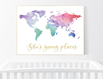 She's going places, World Map poster, world map wall art, nursery wall art, she's going places, pink purple, mint, gold, nursery decor girls