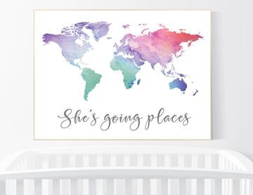 She's going places, World Map poster, world map wall art, nursery wall art, she's going places, pink purple, mint, grey, nursery decor girls