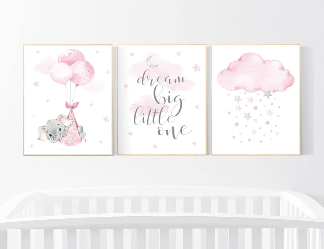 Nursery decor girl, elephant nursery wall art, nursery prints elephant, pink gray, nursery prints elephants, dream big little one