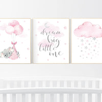 Nursery decor girl, elephant nursery wall art, nursery prints elephant, pink gray, nursery prints elephants, dream big little one