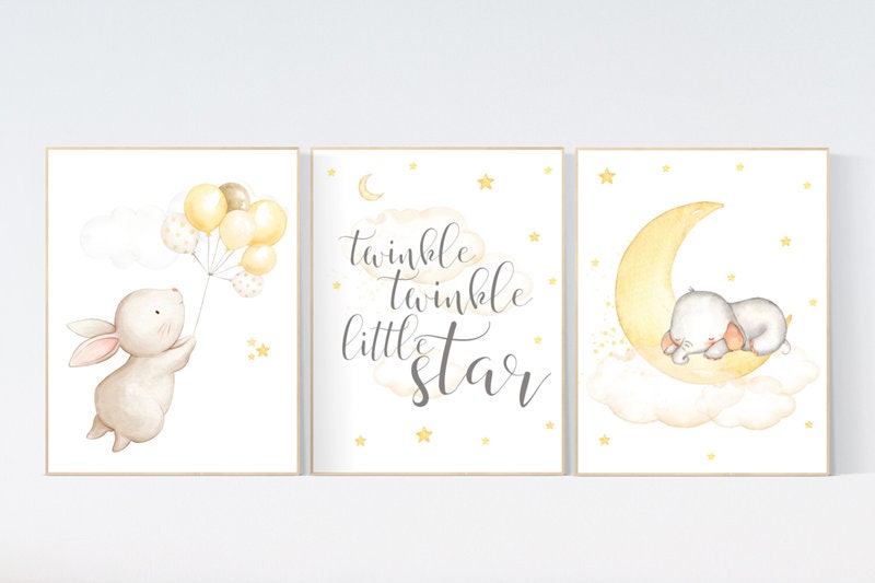 Gender neutral nursery wall art, yellow gray, yellow grey, elephant nursery, bunny nursery, stars and moon, baby room wall decor, twinkle