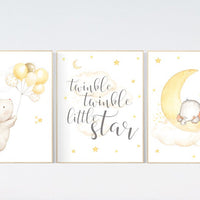 Gender neutral nursery wall art, yellow gray, yellow grey, elephant nursery, bunny nursery, stars and moon, baby room wall decor, twinkle