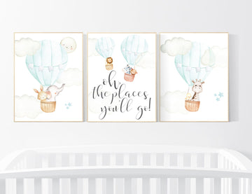 Hot air balloon nursery, nursery decor animals, nursery wall art mint and gray, elephant, giraffe, bear, bunny, woodland animals, aqua, mint
