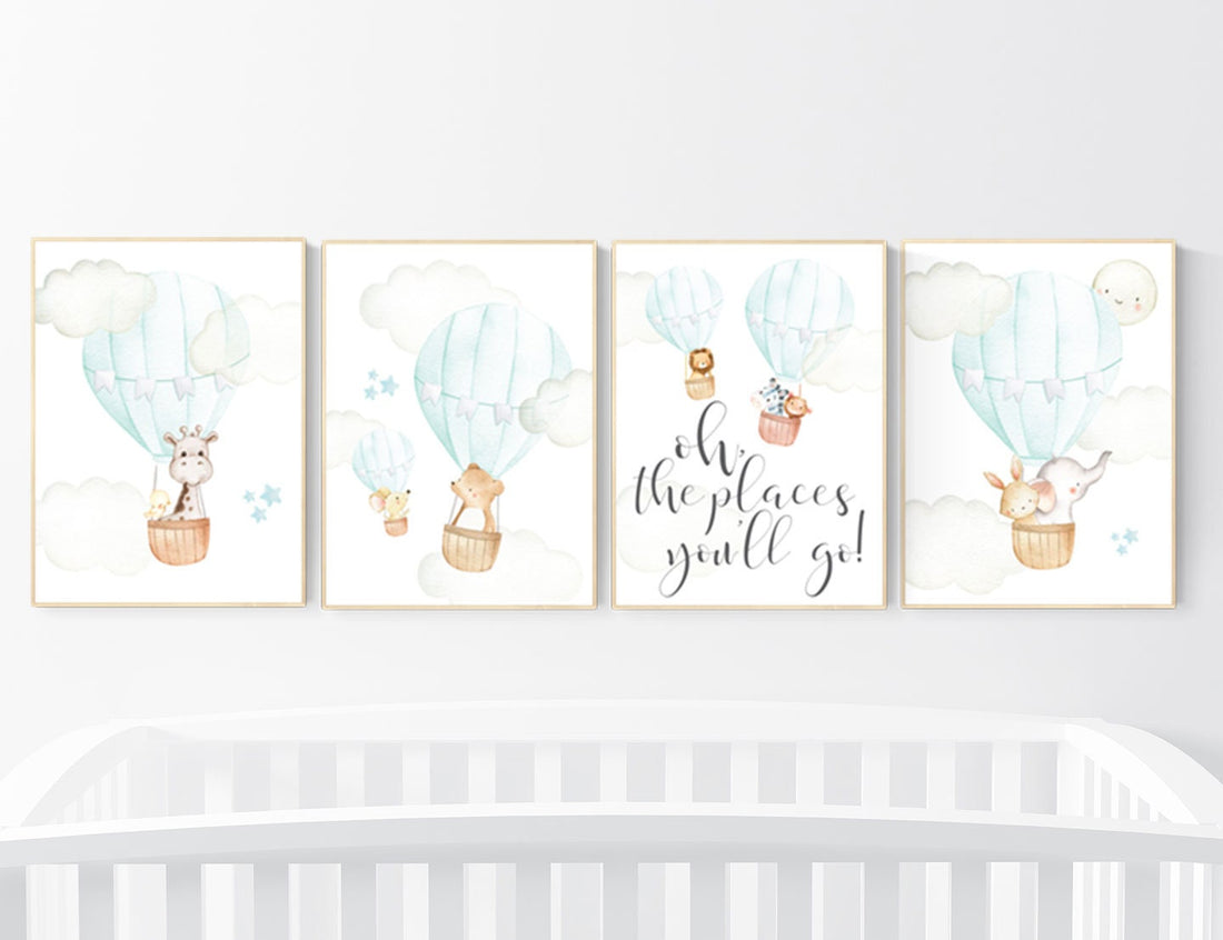 Hot air balloon nursery, nursery decor animals, nursery wall art mint, elephant, giraffe, bear, bunny, woodland animals, aqua, mint