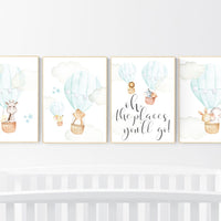 Hot air balloon nursery, nursery decor animals, nursery wall art mint, elephant, giraffe, bear, bunny, woodland animals, aqua, mint