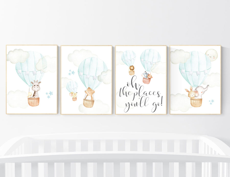 Hot air balloon nursery, nursery decor animals, nursery wall art mint, elephant, giraffe, bear, bunny, woodland animals, aqua, mint