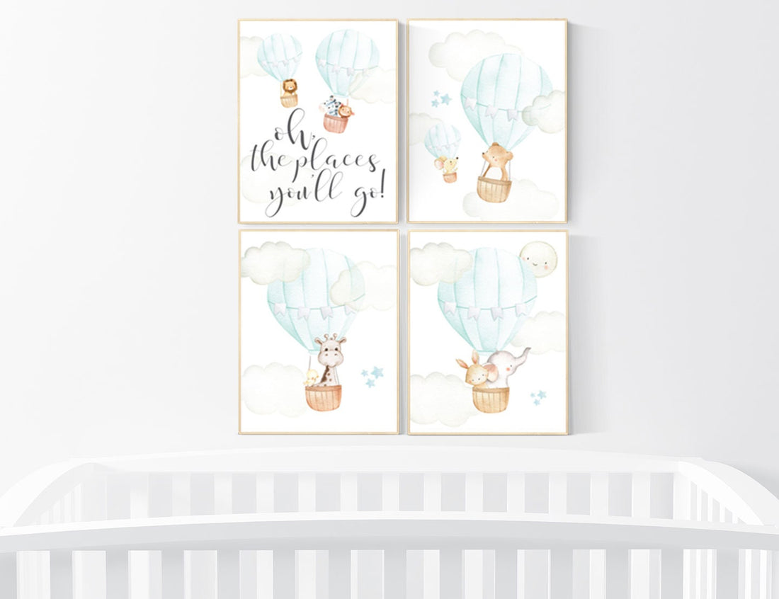 Hot air balloon nursery, nursery decor animals, nursery wall art mint, elephant, giraffe, bear, bunny, woodland animals, aqua, mint