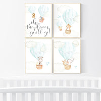 Hot air balloon nursery, nursery decor animals, nursery wall art mint, elephant, giraffe, bear, bunny, woodland animals, aqua, mint