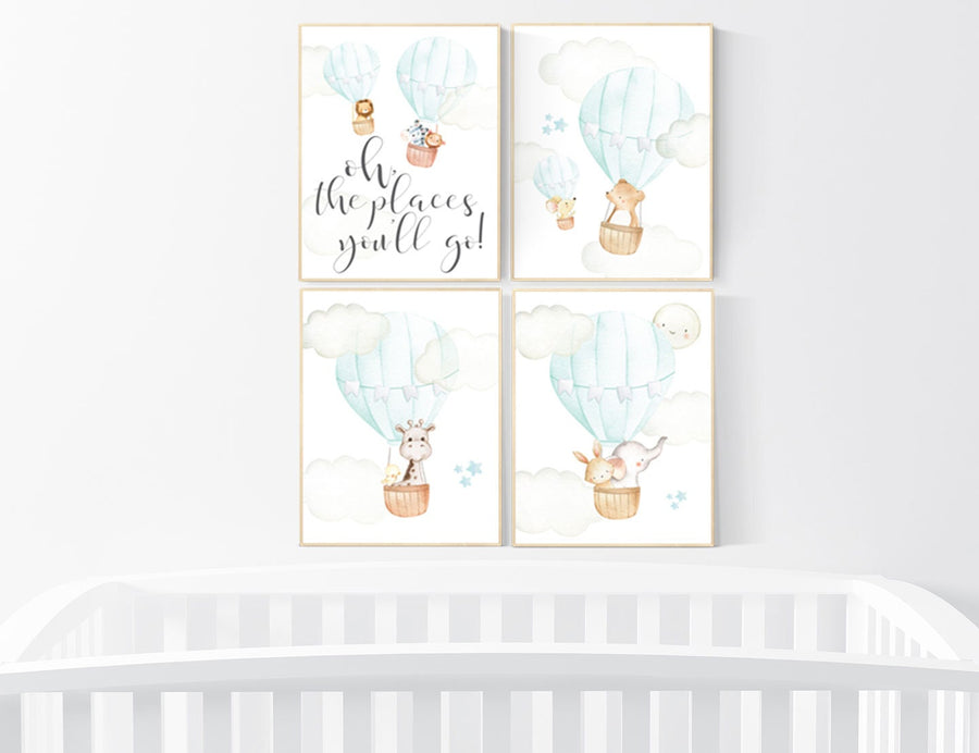Hot air balloon nursery, nursery decor animals, nursery wall art mint, elephant, giraffe, bear, bunny, woodland animals, aqua, mint