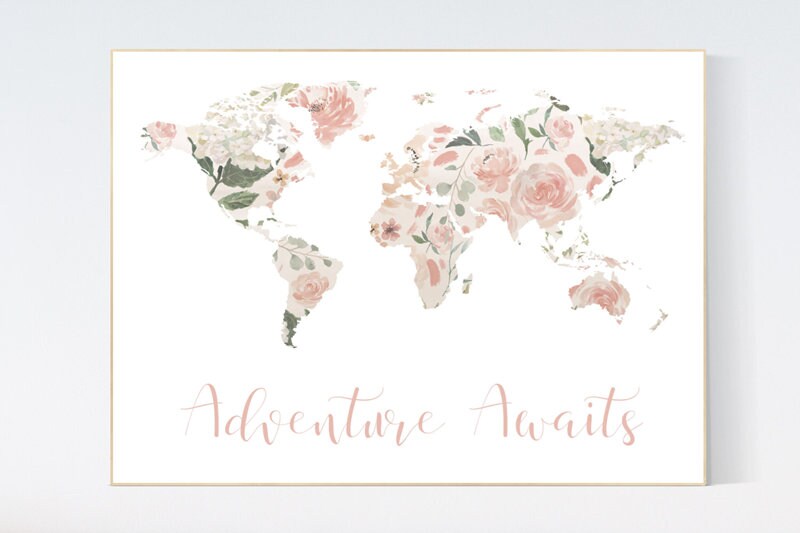 Floral World Map, Girl Nursery Decor, Travel Nursery Art, floral Nursery Print,  blush nursery, Nursery baby girl room, Adventure Awaits
