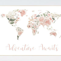 Floral World Map, Girl Nursery Decor, Travel Nursery Art, floral Nursery Print,  blush nursery, Nursery baby girl room, Adventure Awaits