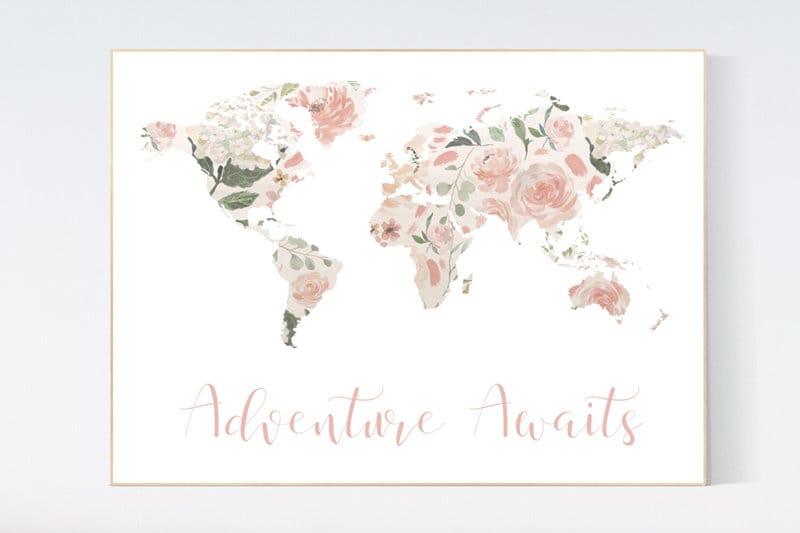 Floral World Map, Girl Nursery Decor, Travel Nursery Art, floral Nursery Print,  blush nursery, Nursery baby girl room, Adventure Awaits