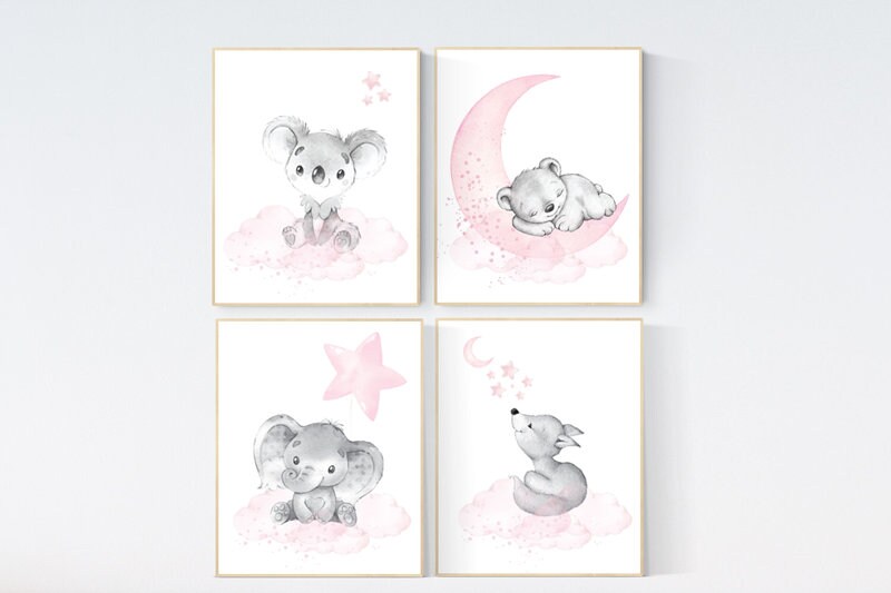 Nursery decor girl animals, pink gray, nursery decor girl woodland animals, teddy bear, elephant, koala, animal prints, girl nursery decor