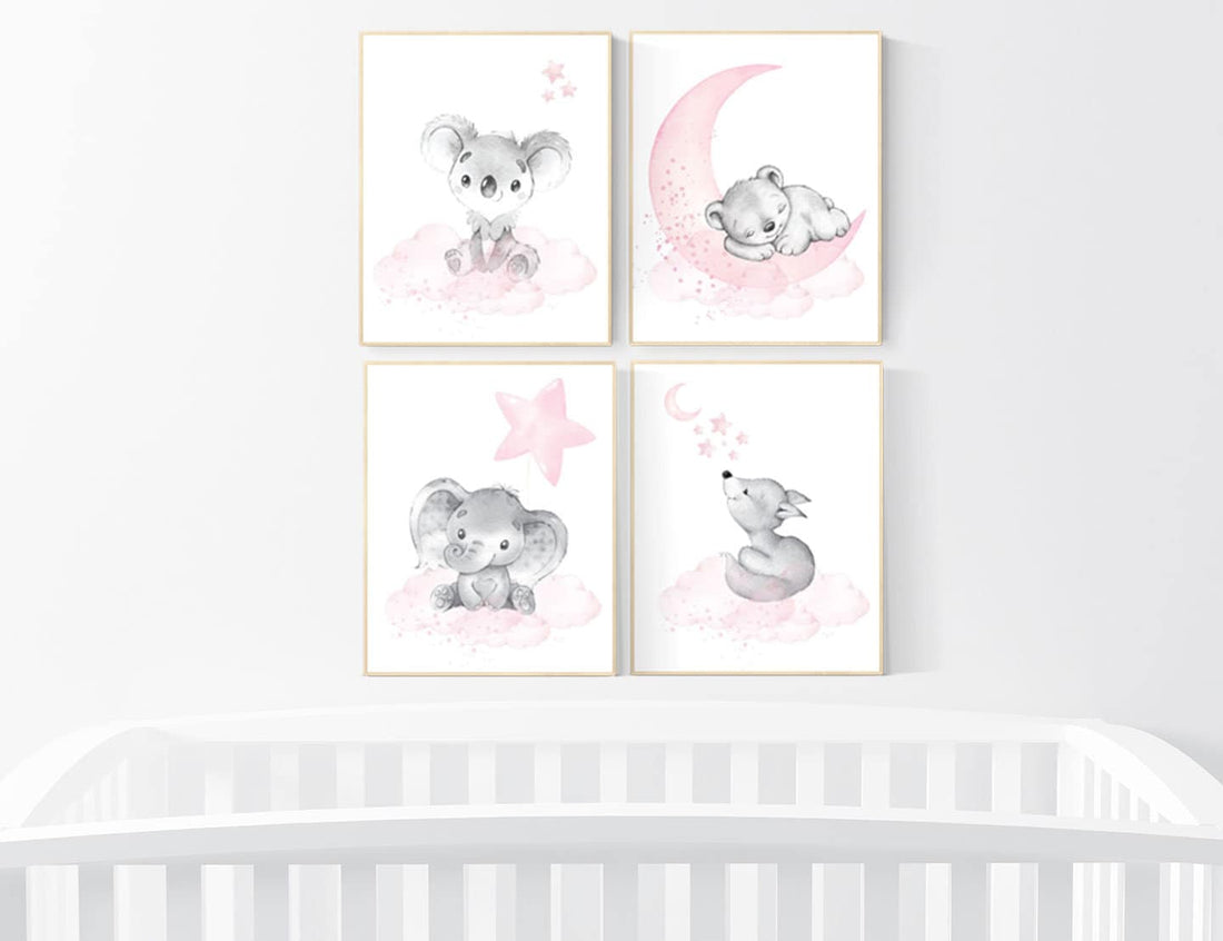 Nursery decor girl animals, pink gray, nursery decor girl woodland animals, teddy bear, elephant, koala, animal prints, girl nursery decor