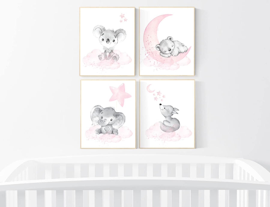 Nursery decor girl animals, pink gray, nursery decor girl woodland animals, teddy bear, elephant, koala, animal prints, girl nursery decor