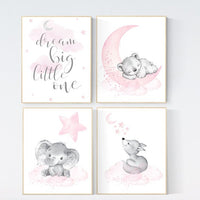 Nursery decor girl, elephant, bear, fox, animal nursery,, moon, star, bear nursery, pink gray, woodland animals, dream big little one, girl