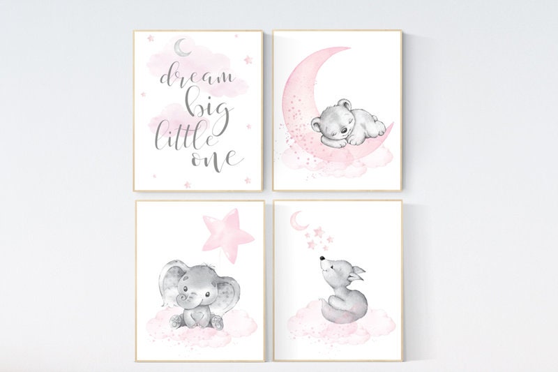 Nursery decor girl, elephant, bear, fox, animal nursery,, moon, star, bear nursery, pink gray, woodland animals, dream big little one, girl