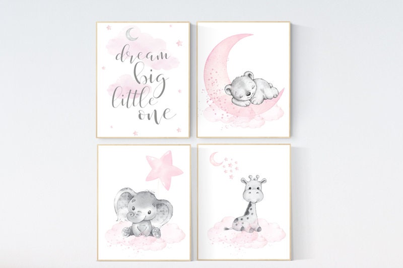 Animal prints, Nursery decor girl, elephant, bear, giraffe, animal nursery, bear nursery, pink gray, woodland animals, dream big little one