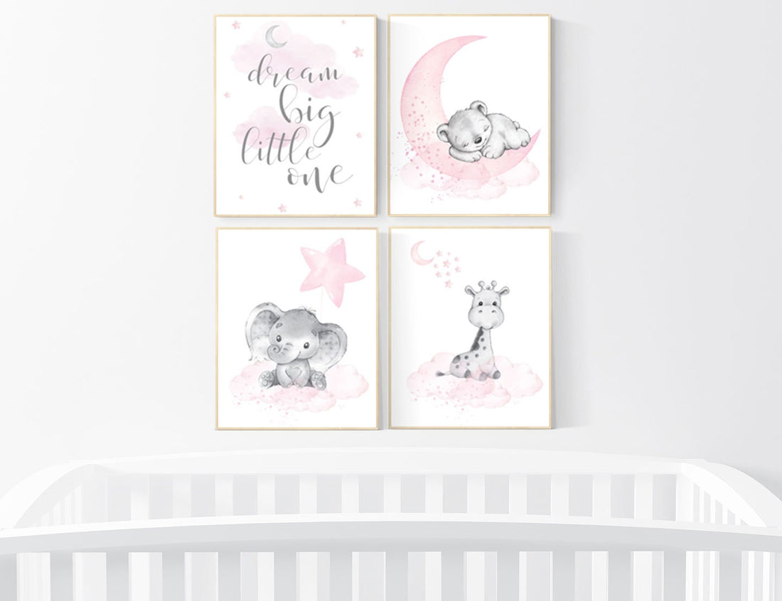 Animal prints, Nursery decor girl, elephant, bear, giraffe, animal nursery, bear nursery, pink gray, woodland animals, dream big little one