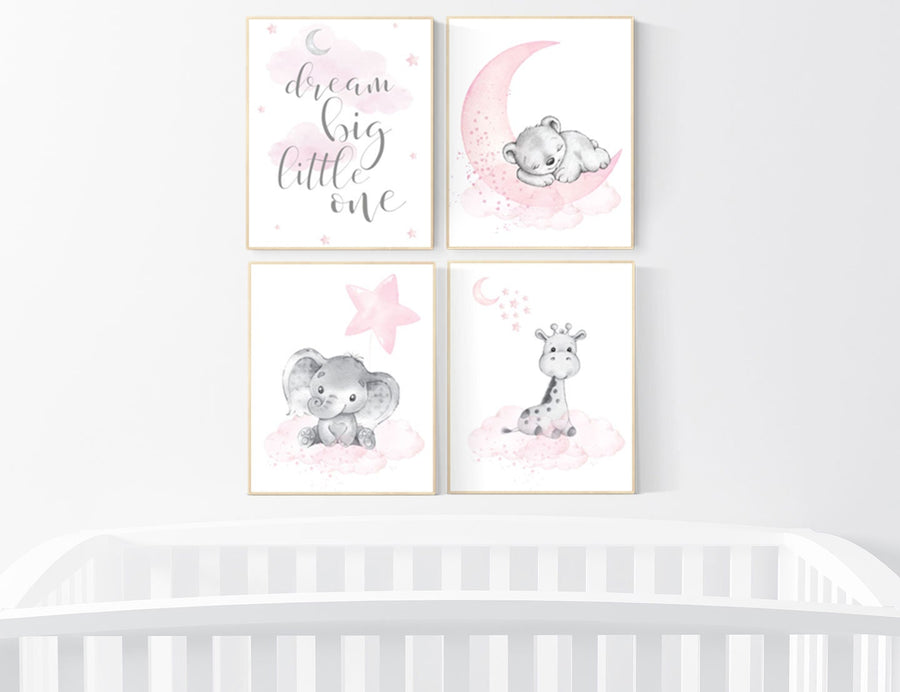 Animal prints, Nursery decor girl, elephant, bear, giraffe, animal nursery, bear nursery, pink gray, woodland animals, dream big little one