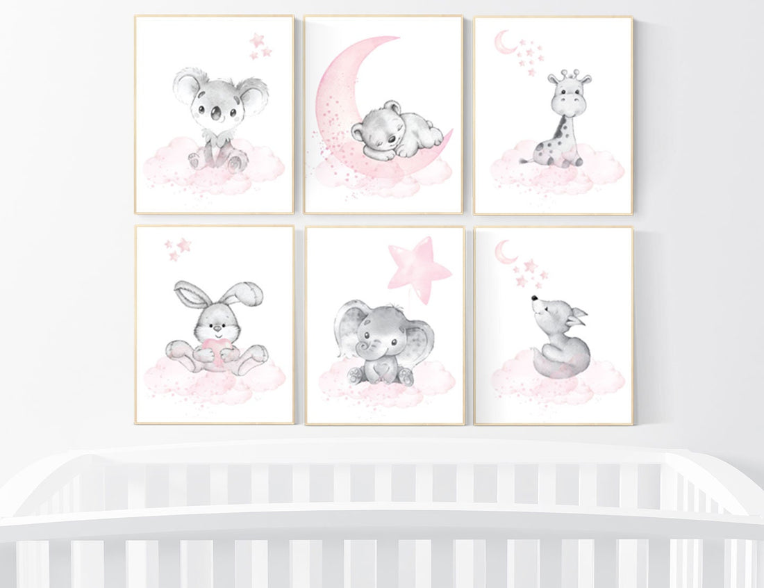 Nursery decor girl animals, pink grey, nursery decor girl woodland animals, teddy bear, elephant, giraffe, baby girl nursery prints