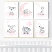 Nursery decor girl animals, pink grey, nursery decor girl woodland animals, teddy bear, elephant, giraffe, baby girl nursery prints