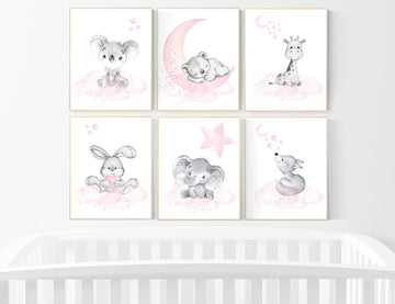 Nursery decor girl animals, pink grey, nursery decor girl woodland animals, teddy bear, elephant, giraffe, baby girl nursery prints