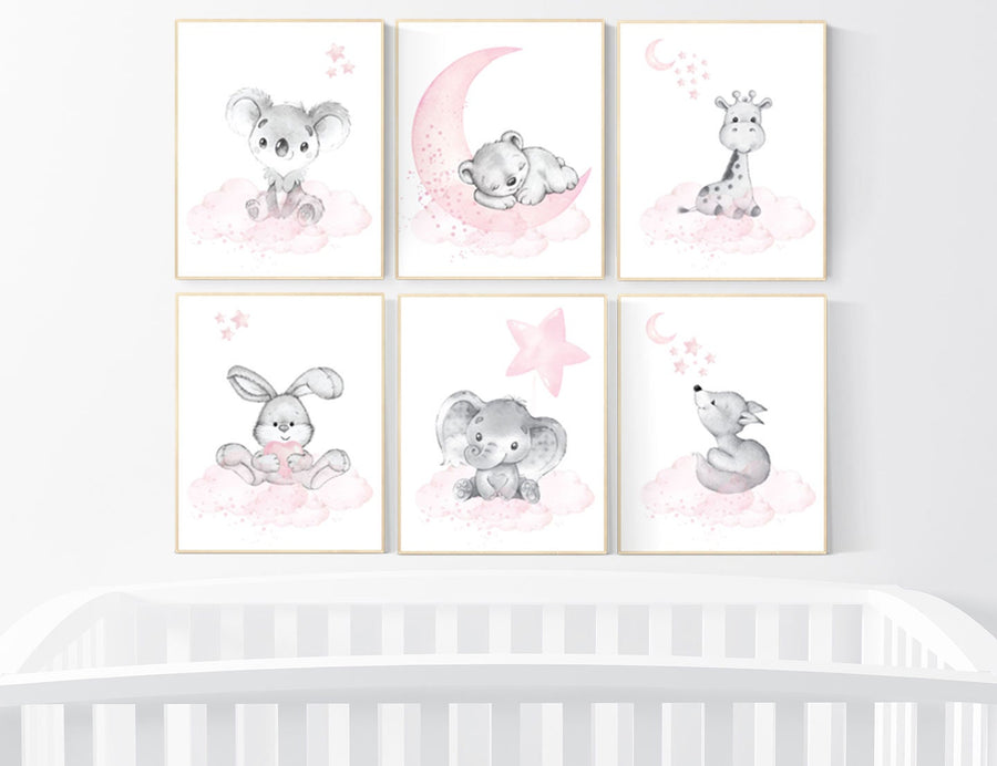 Nursery decor girl animals, pink grey, nursery decor girl woodland animals, teddy bear, elephant, giraffe, baby girl nursery prints