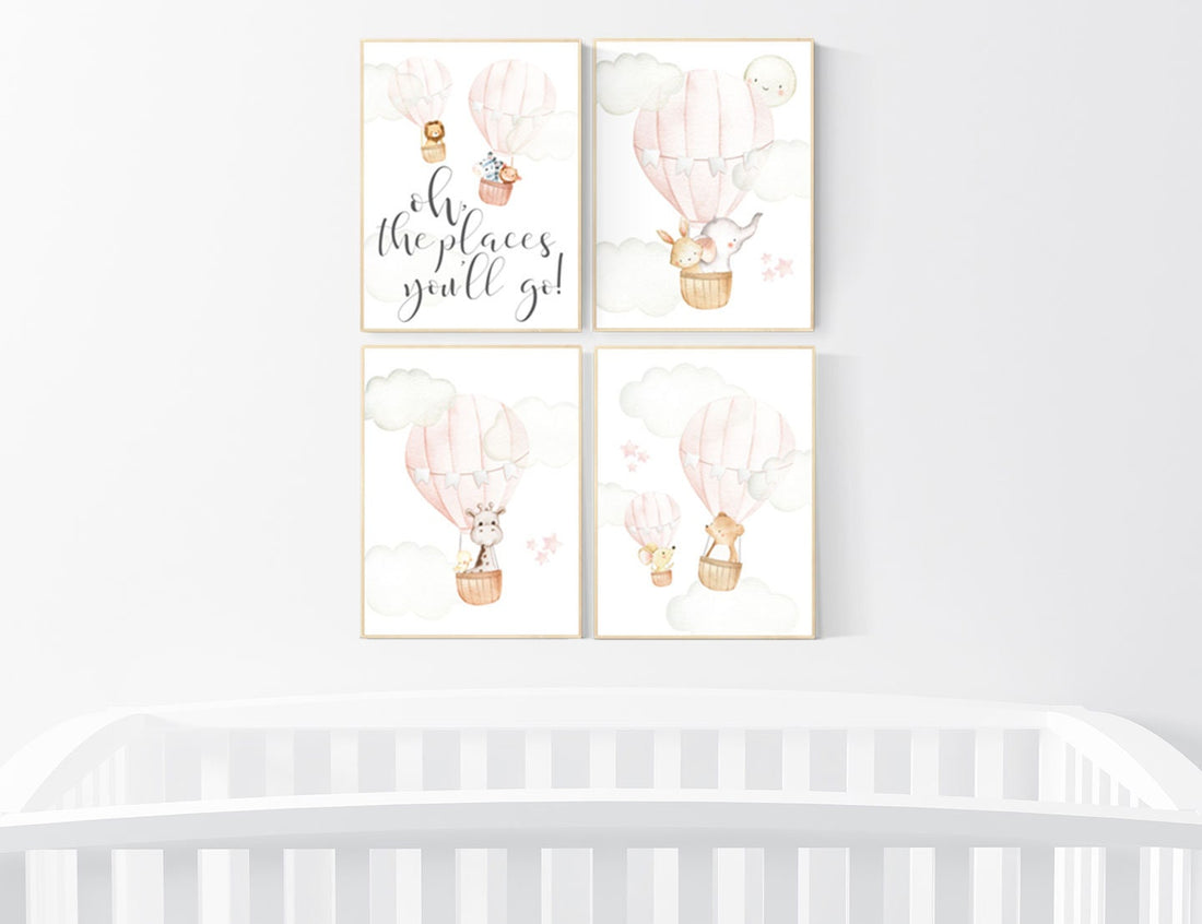 Blush nursery wall art, Nursery decor girl, hot air balloon nursery, blush pink nursery, nursery decor woodland animals, hot air balloon