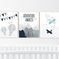 Adventure nursery decor, travel adventure nursery, nursery wall art boy, nursery prints boy mountain, airplane, world map, adventure awaits