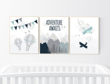Adventure nursery decor, travel adventure nursery, nursery wall art boy, nursery prints boy mountain, airplane, world map, adventure awaits
