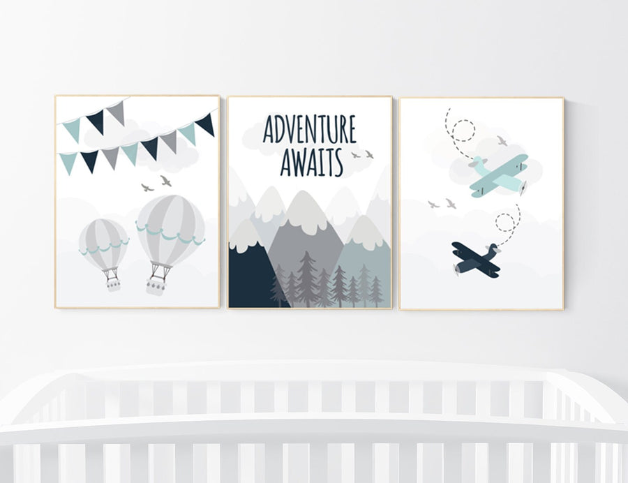 Adventure nursery decor, travel adventure nursery, nursery wall art boy, nursery prints boy mountain, airplane, world map, adventure awaits