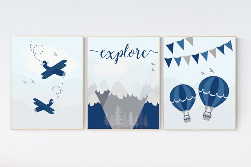 Adventure nursery decor, nursery decor boy adventure, nursery decor boy airplane, world map nursery, explore, mountain nursery, navy blue