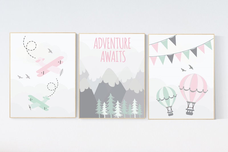 Nursery decor girl mountain, adventure nursery, nursery decor travel theme, world map mountain nursery, pink mint grey, girl room decor
