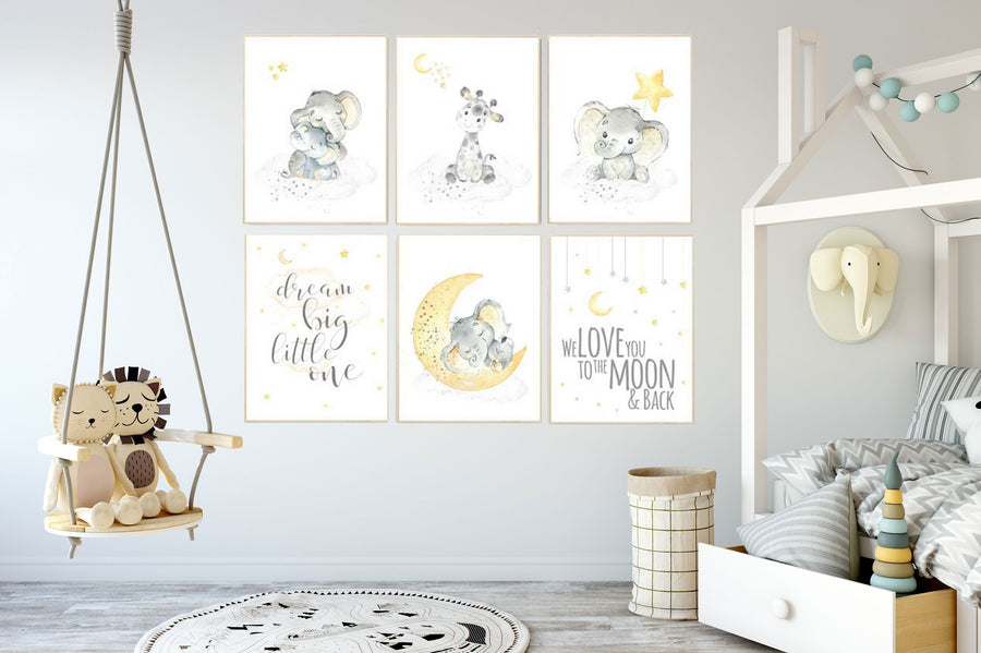 Yellow gray, yellow grey, gender neutral nursery wall art, giraffe, nursery decor elephant, gender neutral nursery ideas, twin nursery