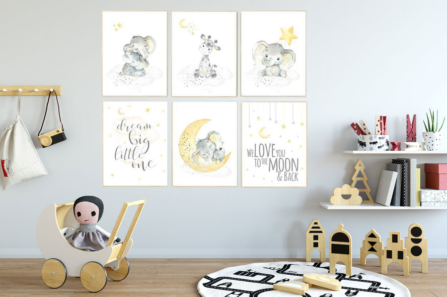 Yellow gray, yellow grey, gender neutral nursery wall art, giraffe, nursery decor elephant, gender neutral nursery ideas, twin nursery