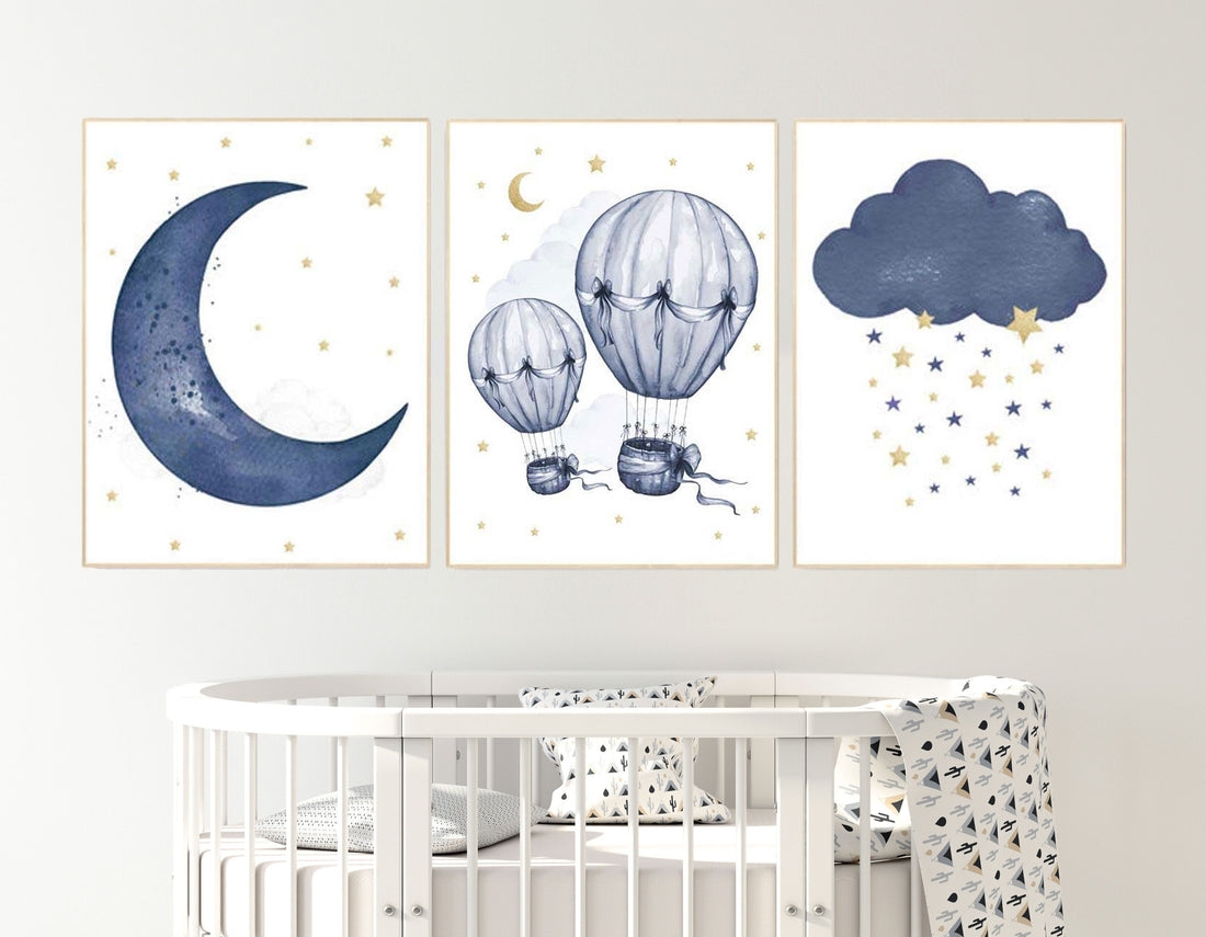 Nursery decor boy, Navy gold, cloud moon and stars nursery, hot air balloon, baby boy nursery idea, boy nursery art, navy and gold, prints