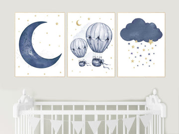 Nursery decor boy, Navy gold, cloud moon and stars nursery, hot air balloon, baby boy nursery idea, boy nursery art, navy and gold, prints