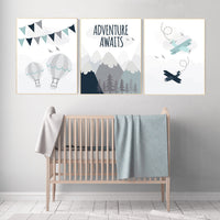 Adventure nursery decor, travel adventure nursery, nursery wall art boy, nursery prints boy mountain, airplane, world map, adventure awaits