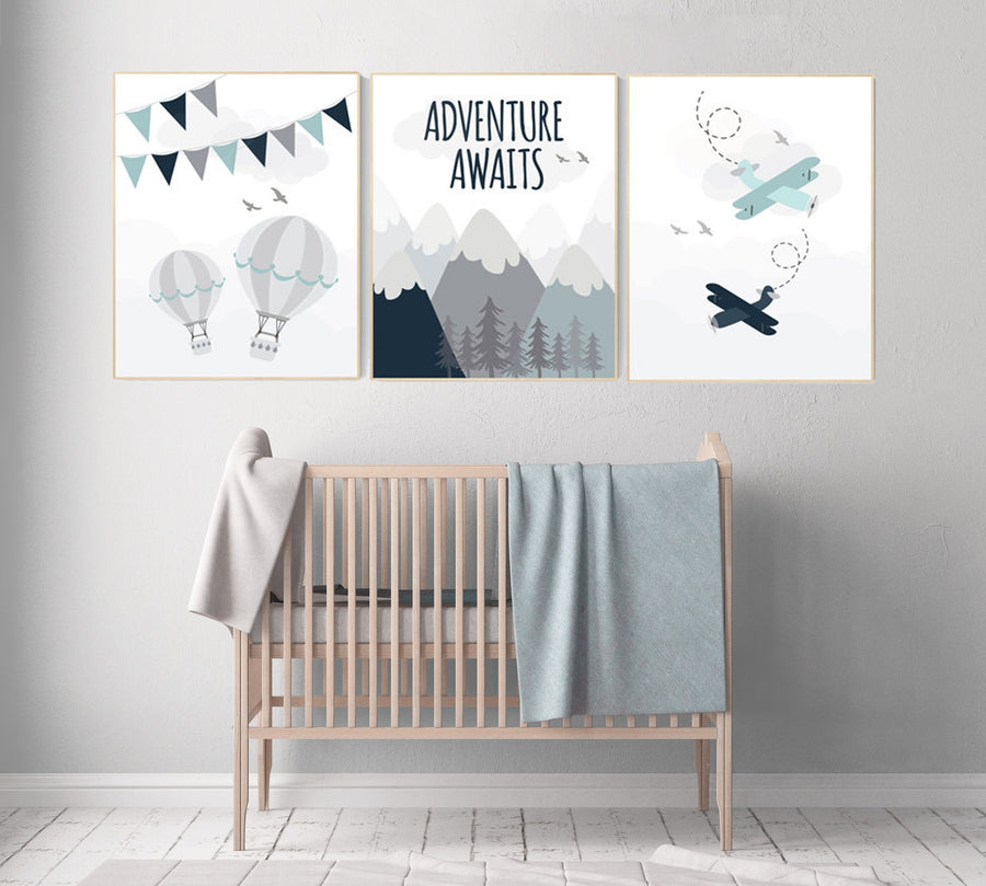 Adventure nursery decor, travel adventure nursery, nursery wall art boy, nursery prints boy mountain, airplane, world map, adventure awaits
