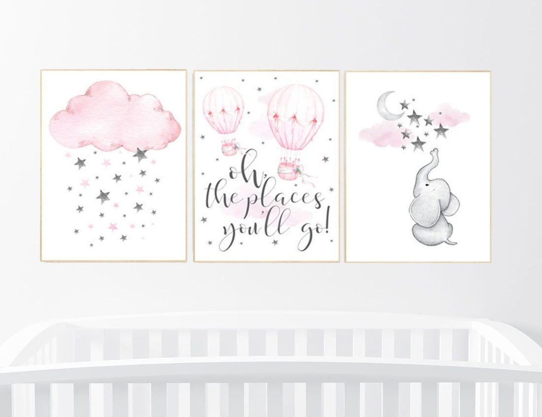 Nursery decor girl elephant, pink grey nursery, pink gray, hot air balloon, cloud, moon and stars, nursery wall art, girl nursery ideas