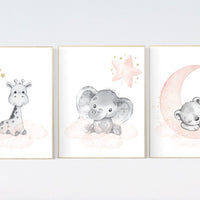 Nursery decor girl, blush gold, Animal nursery, nursery decor girl woodland animals, bear, elephant, giraffe, girl nursery ideas