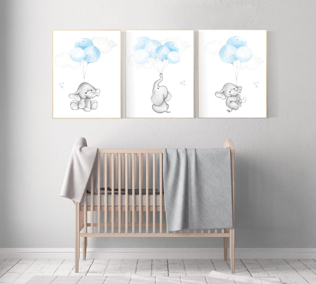 Blue nursery decor, elephant nursery wall art, nursery decor boy elephant, animal prints, baby room, baby blue nursery, elephant balloon