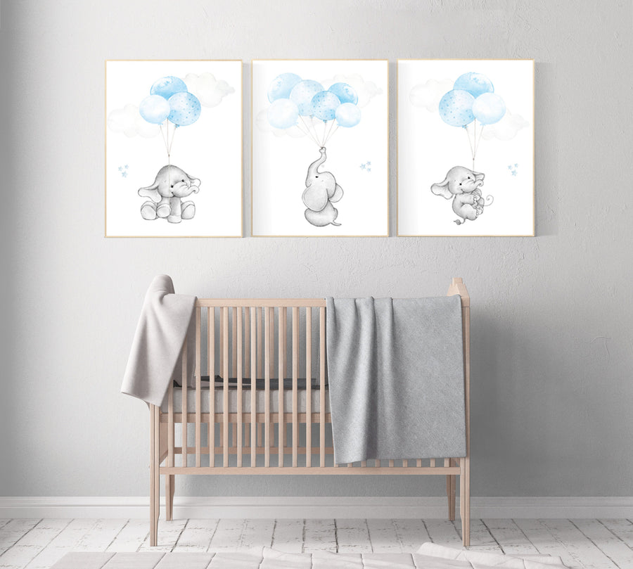 Blue nursery decor, elephant nursery wall art, nursery decor boy elephant, animal prints, baby room, baby blue nursery, elephant balloon