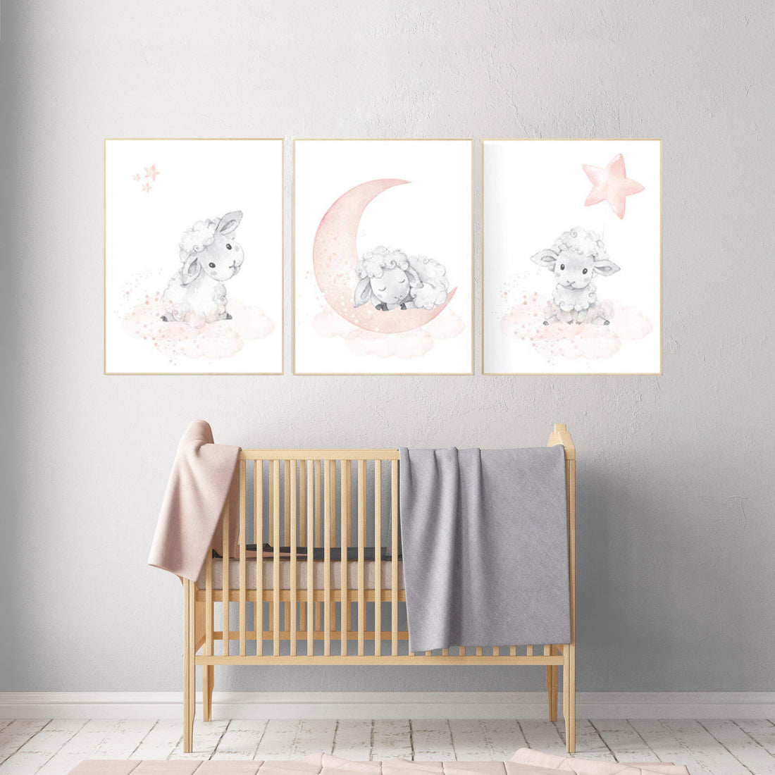Nursery decor lambs, Nursery decor girl peach, sheep nursery, cloud and stars, moon and stars nursery, blush grey, sheep nursery